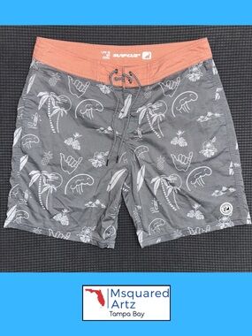 Surfcuz Board Shorts Mens Size 34 Gray Coral Tropical Surf Swim